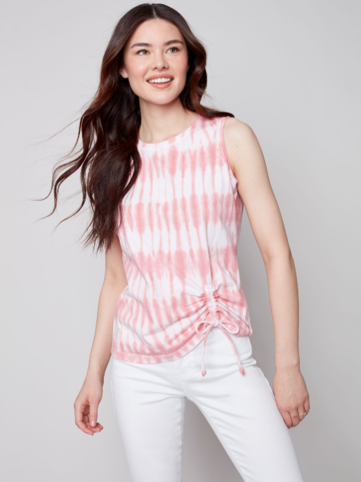 Charlie B - C1337 - Tie-Dye Sleeveless Top With Tunnel Tie - Grapefruit