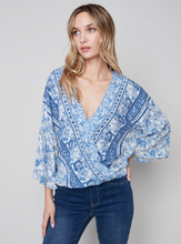 Load image into Gallery viewer, Charlie B - C4466 -  Printed Overlap Blouse - Cerulean
