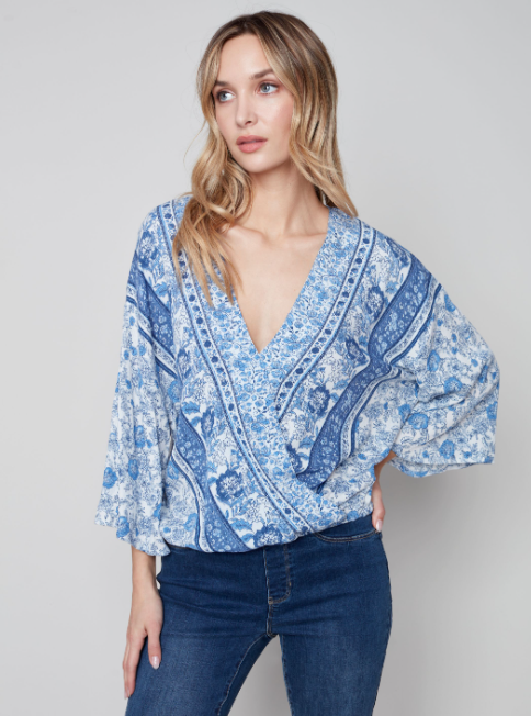 Charlie B - C4466 -  Printed Overlap Blouse - Cerulean
