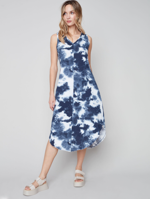 Charlie B - C3125PR - Printed Cotton Slub Dress - Navy